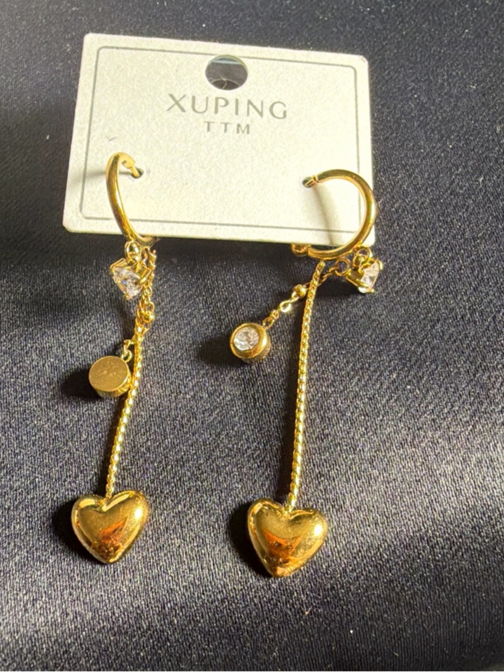 Ping Gold Heart Drop Hoop Earrings with Crystal Accents - Gold